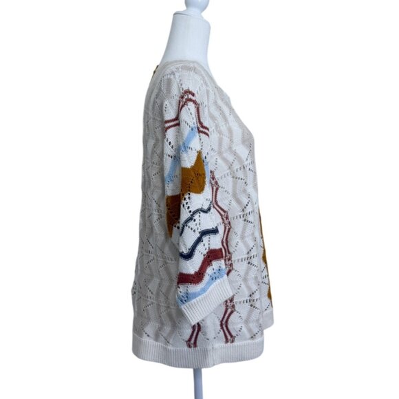 Garnet Hill Zigzag Pattern Womens Sweater 3/4 Sleeve Linen Cotton Blend Size M - Picture 2 of 8